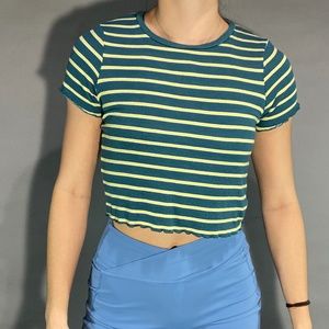 Wild Fable Green/Yellow Stripe Short Sleeve Crop Top Size M